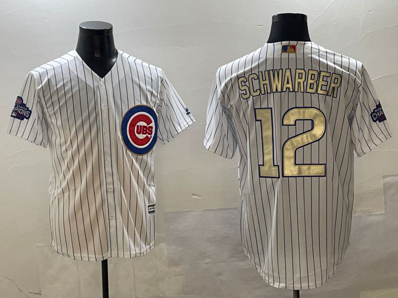 Men Chicago Cubs #12 Schwarber White Stripe Gold Game 2025 Nike MLB Jersey style 4